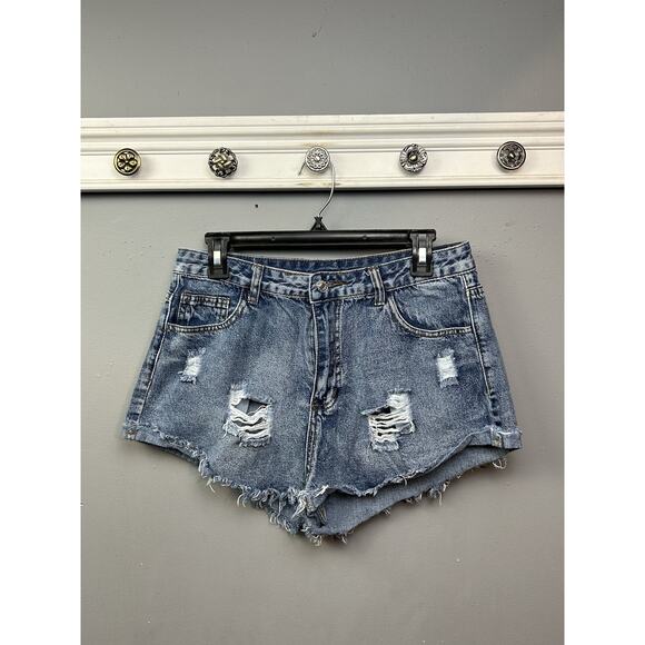 Shein Distressed Denim Jean Short Shorts Blue Womens Large Distressed‎ Festival - Picture 1 of 8